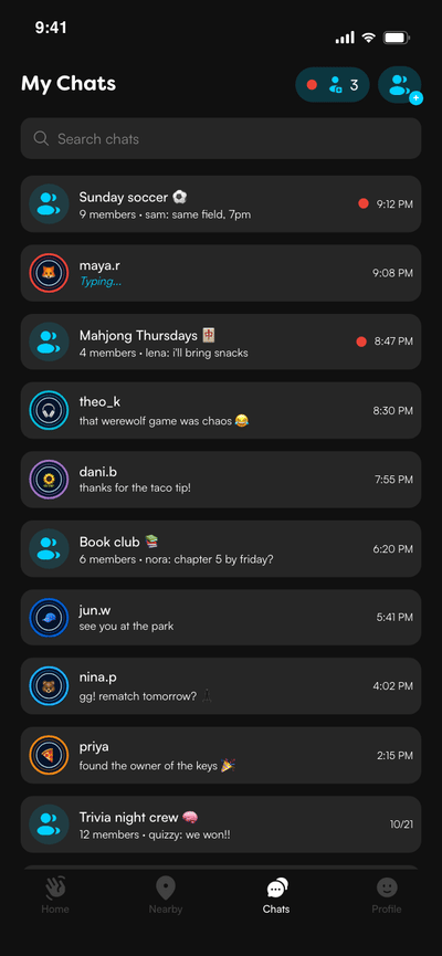 Vicinity My Chats with direct messages and group chats